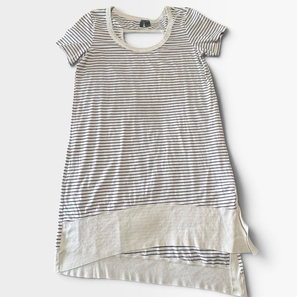 Left of Center Tunic Womens L Cutout Back Striped Asymmetrical High Low Top